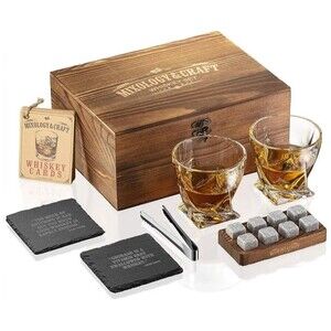Mixology Whiskey Stones Gift Set with Two 10 oz Whiskey Glasses Extras